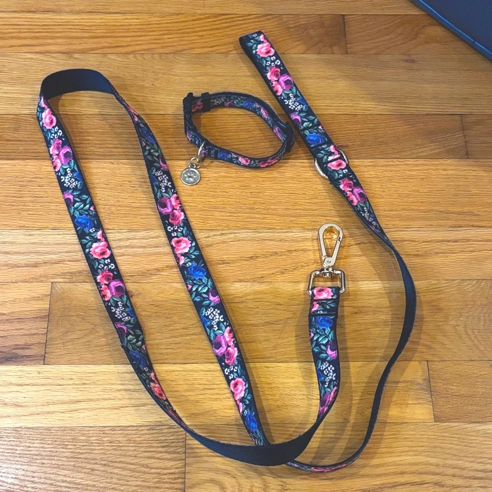 NWOT Beautiful Floral Rose Colorful & Chic Dog Leash & Collar Nylon Matching Set
